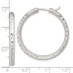 Sterling Silver Laser and Diamond-cut 35x3.25mm Hidden Catch Round Hoop Earrings