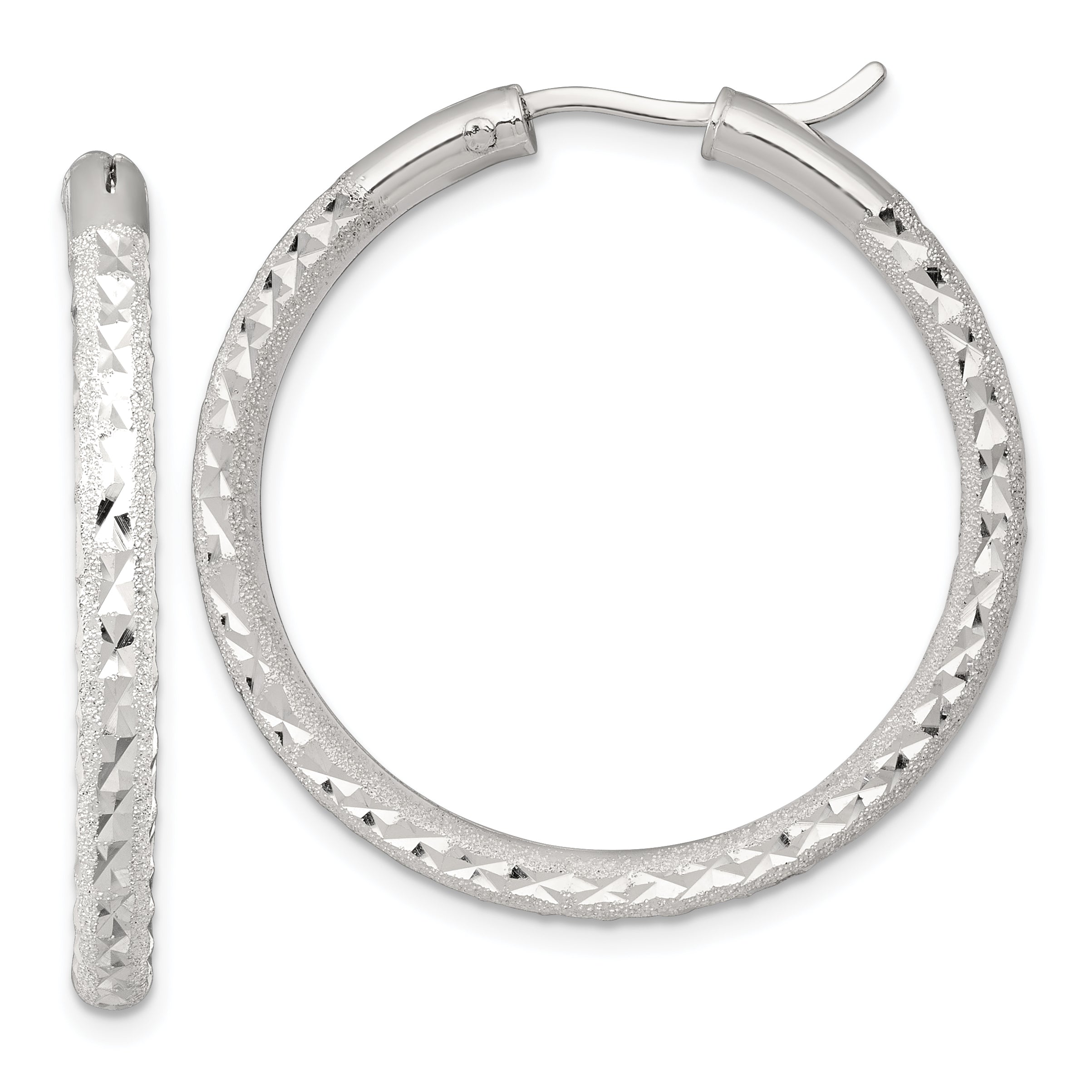 Sterling Silver Laser and Diamond-cut 35x3.25mm Hidden Catch Round Hoop Earrings Main image