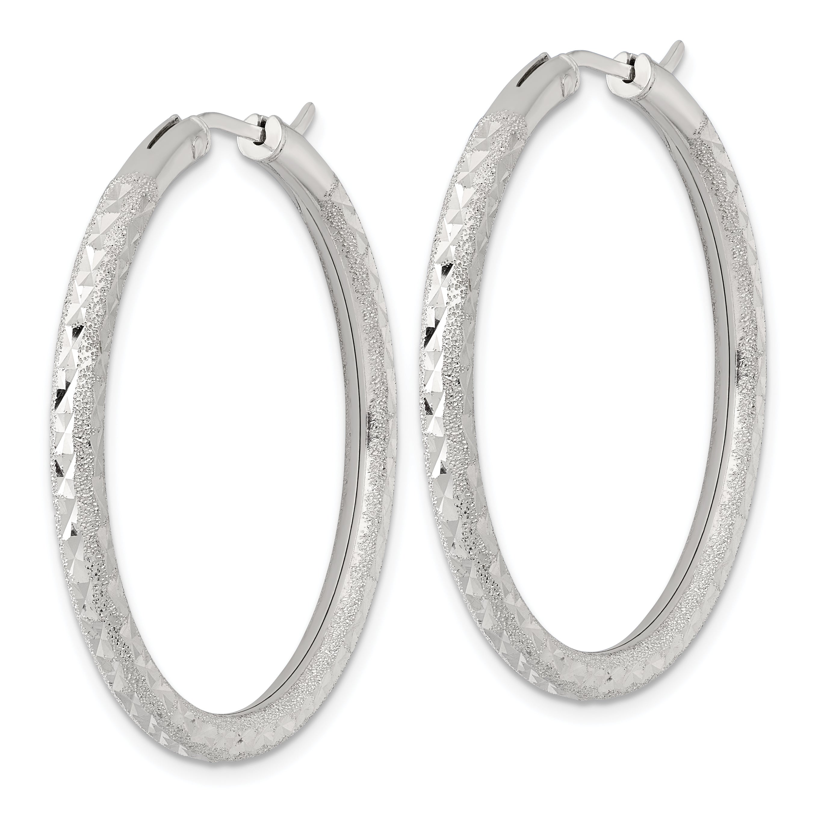Sterling Silver Laser and Diamond-cut 40x3.25mm Hidden Catch Round Hoop Earrings Secondary image