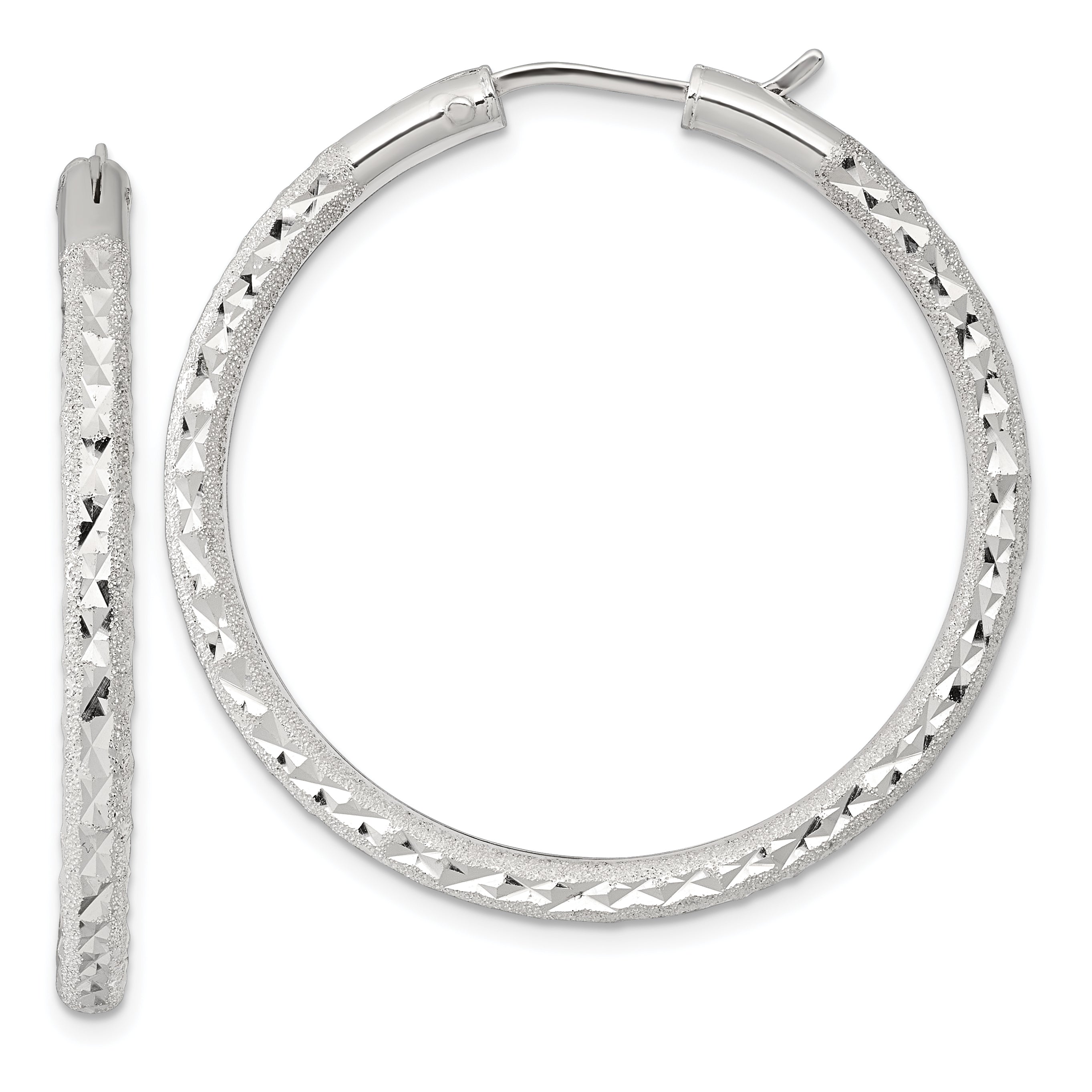 Sterling Silver Laser and Diamond-cut 40x3.25mm Hidden Catch Round Hoop Earrings Main image