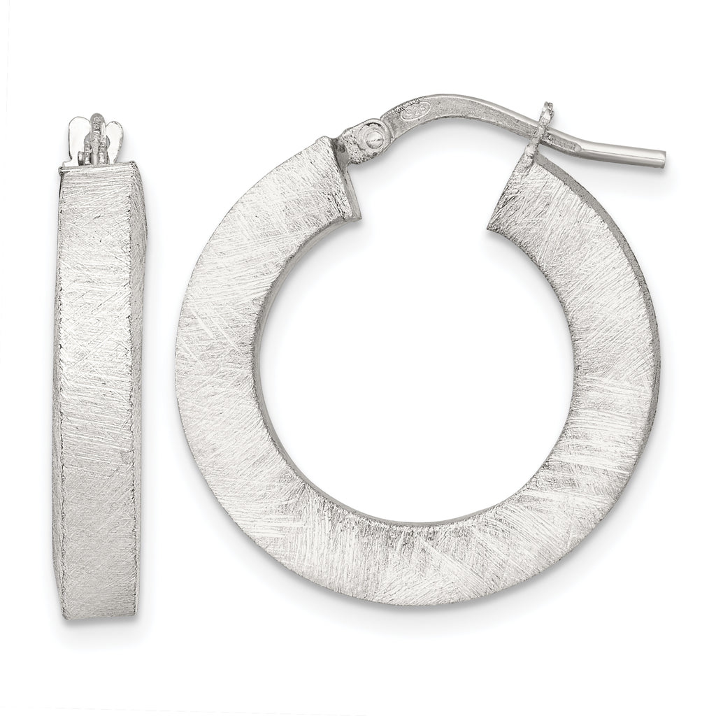 Sterling Silver Brushed Textured 4.25mm x 24mm Square Tube Hoop Earrings