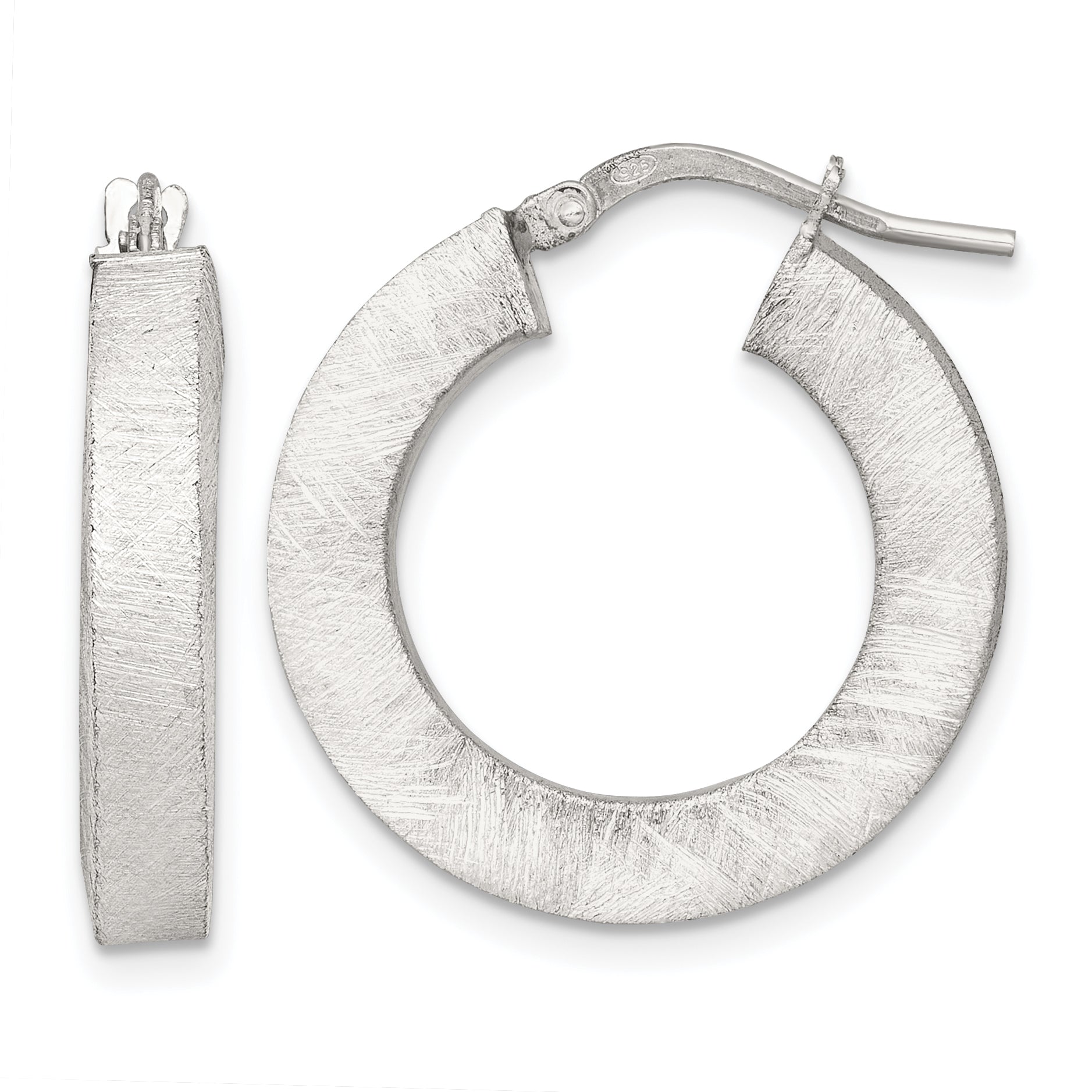 Sterling Silver Brushed Textured 4.25mm x 24mm Square Tube Hoop Earrings