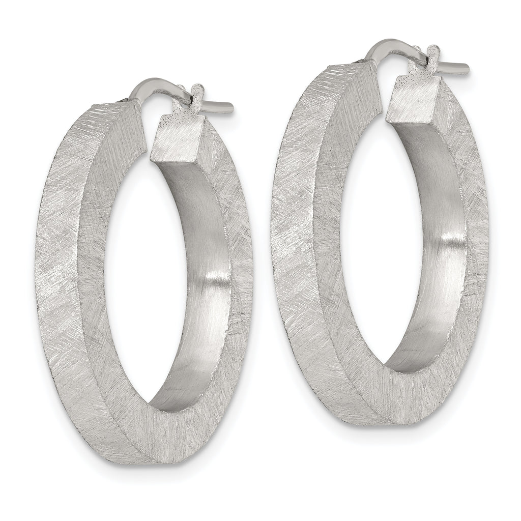 Sterling Silver Brushed Textured 4.25mm x 28mm Square Tube Hoop Earrings