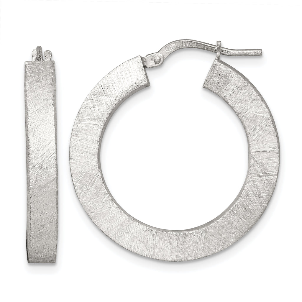 Sterling Silver Brushed Textured 4.25mm x 28mm Square Tube Hoop Earrings