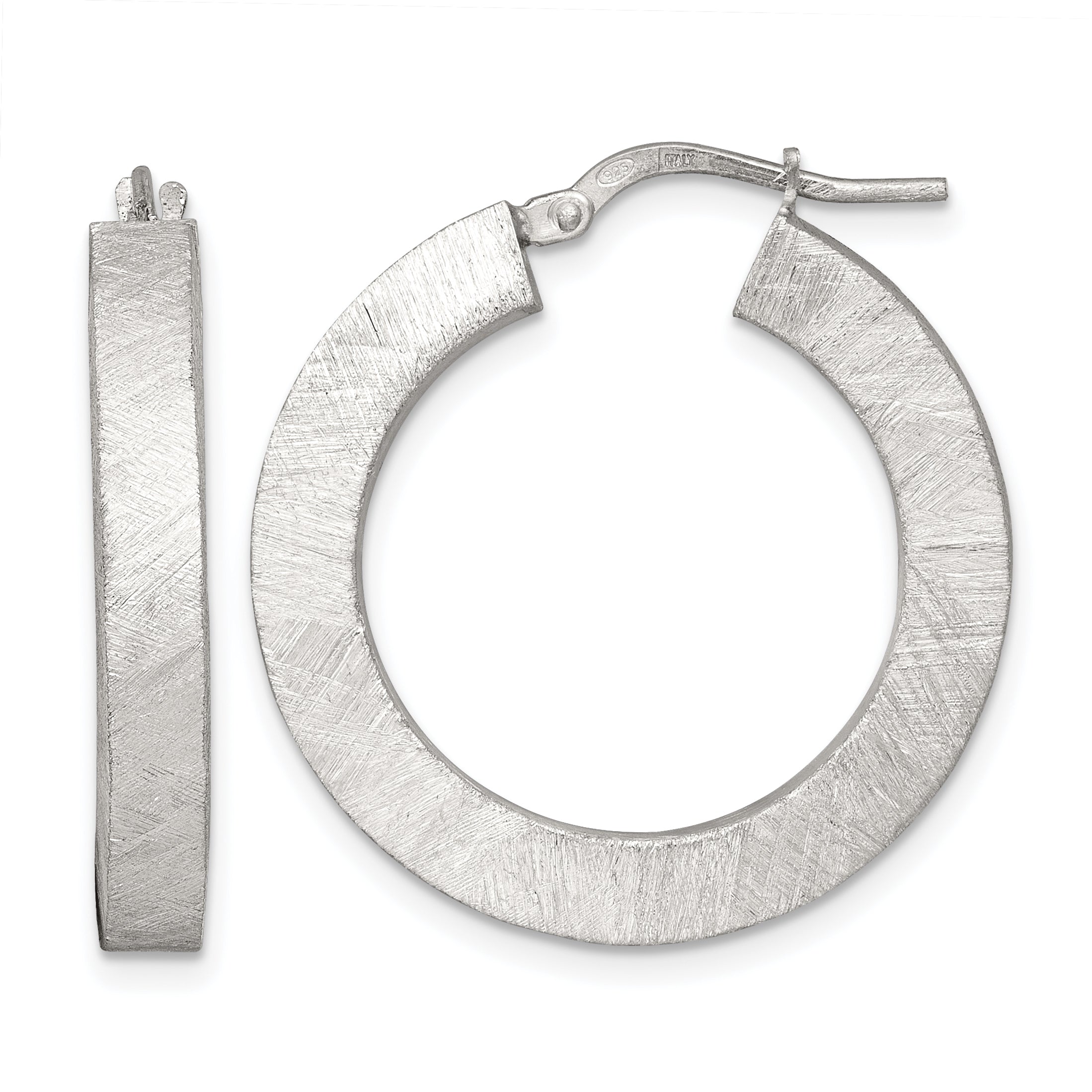 Sterling Silver Brushed Textured 4.25mm x 28mm Square Tube Hoop Earrings