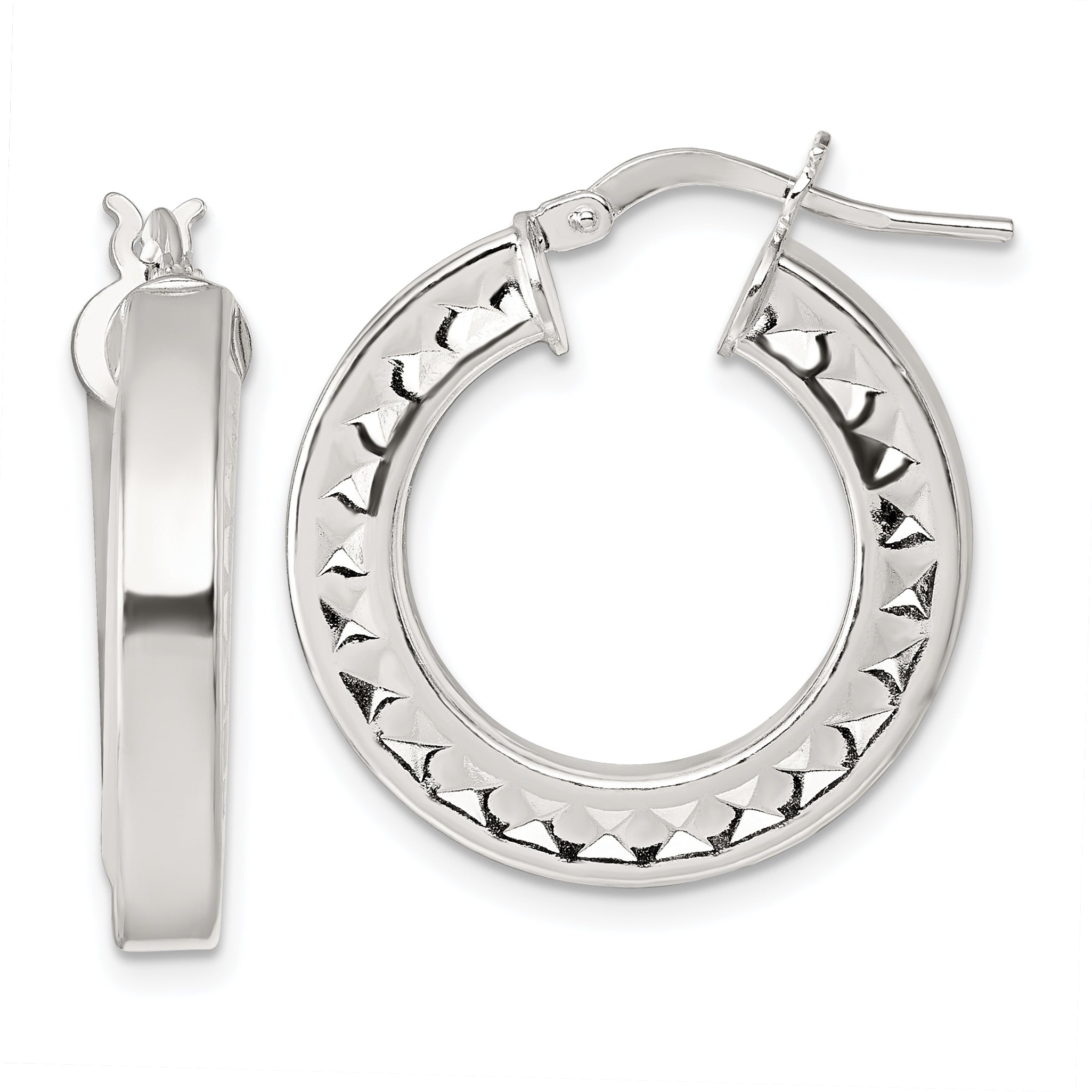 Sterling Silver Polished and Textured 4.00 x 23mm Hoop Earrings