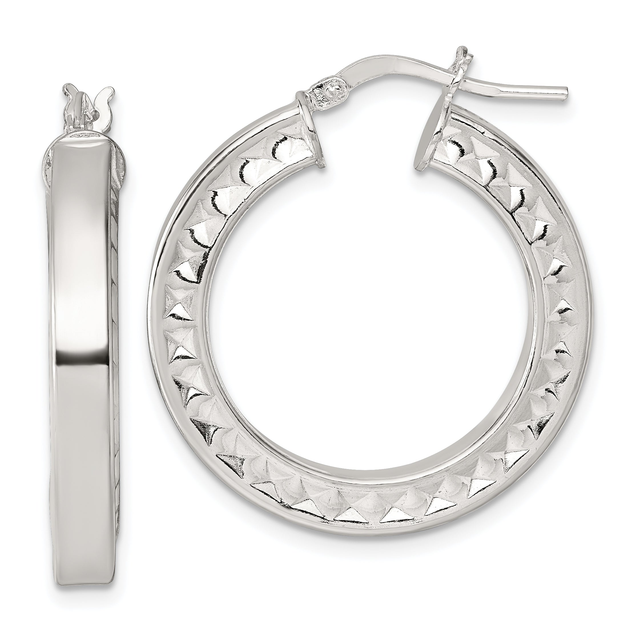 Sterling Silver Polished and Textured 4.00 x 29mm Hoop Earrings