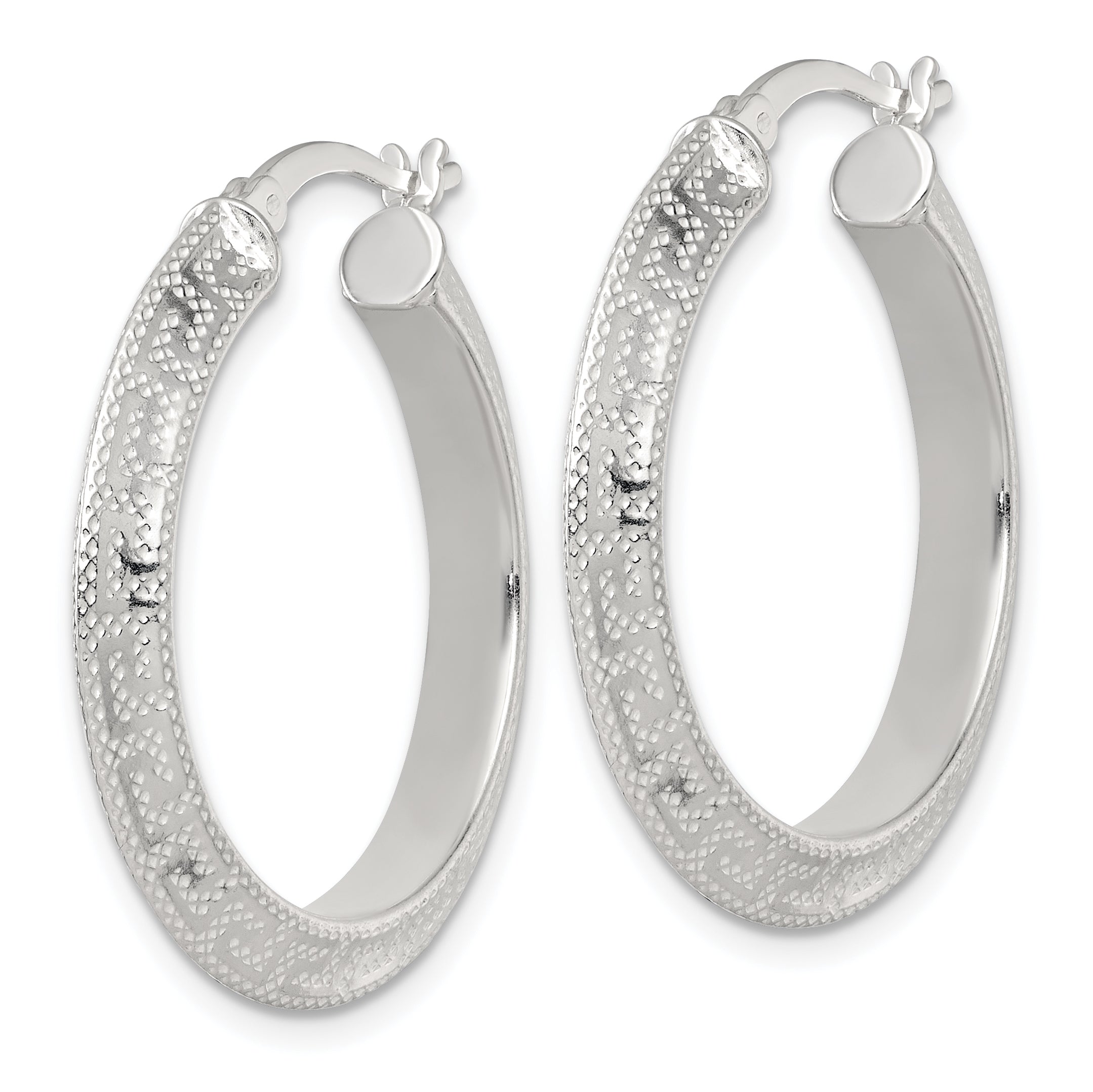 Sterling Silver Textured 30x4.0mm Knife Edge Greek Key Round Hoop Earrings