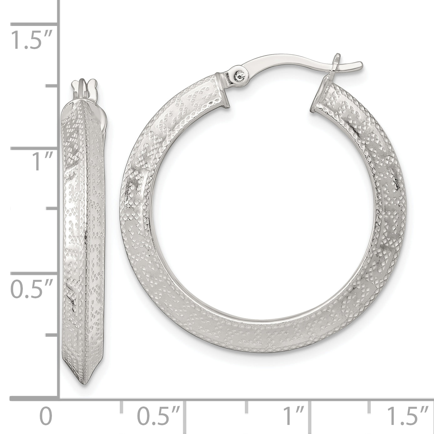 Sterling Silver Textured 30x4.0mm Knife Edge Greek Key Round Hoop Earrings