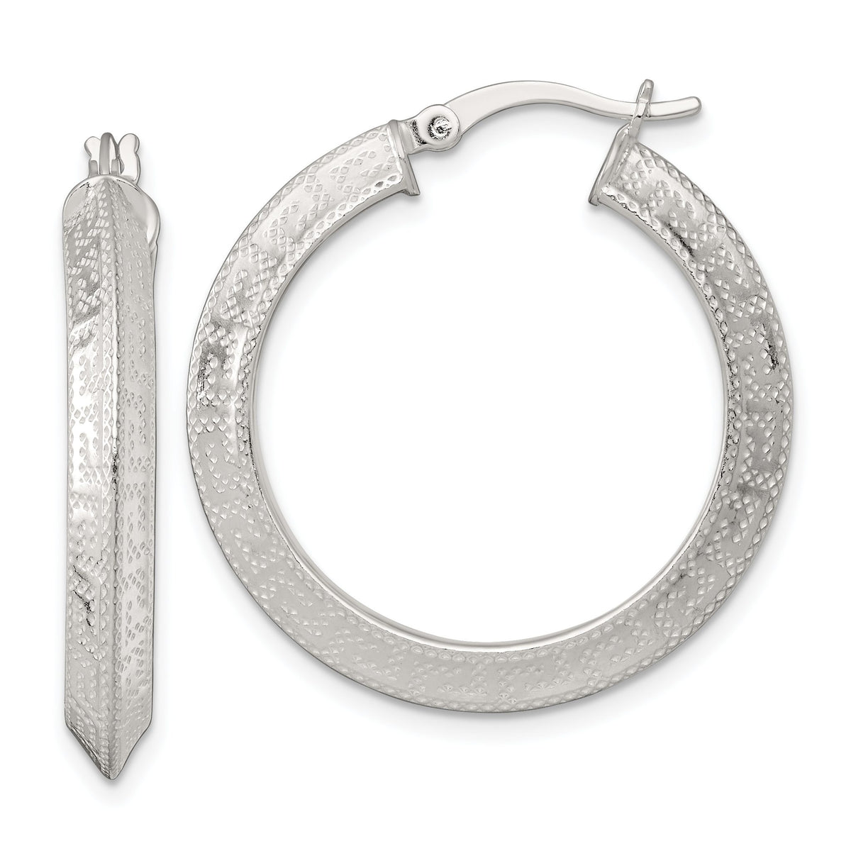 Knife Edge Greek Key Round Hoop Earrings in Sterling Silver, 30mm - Sophia Jewelers Main image