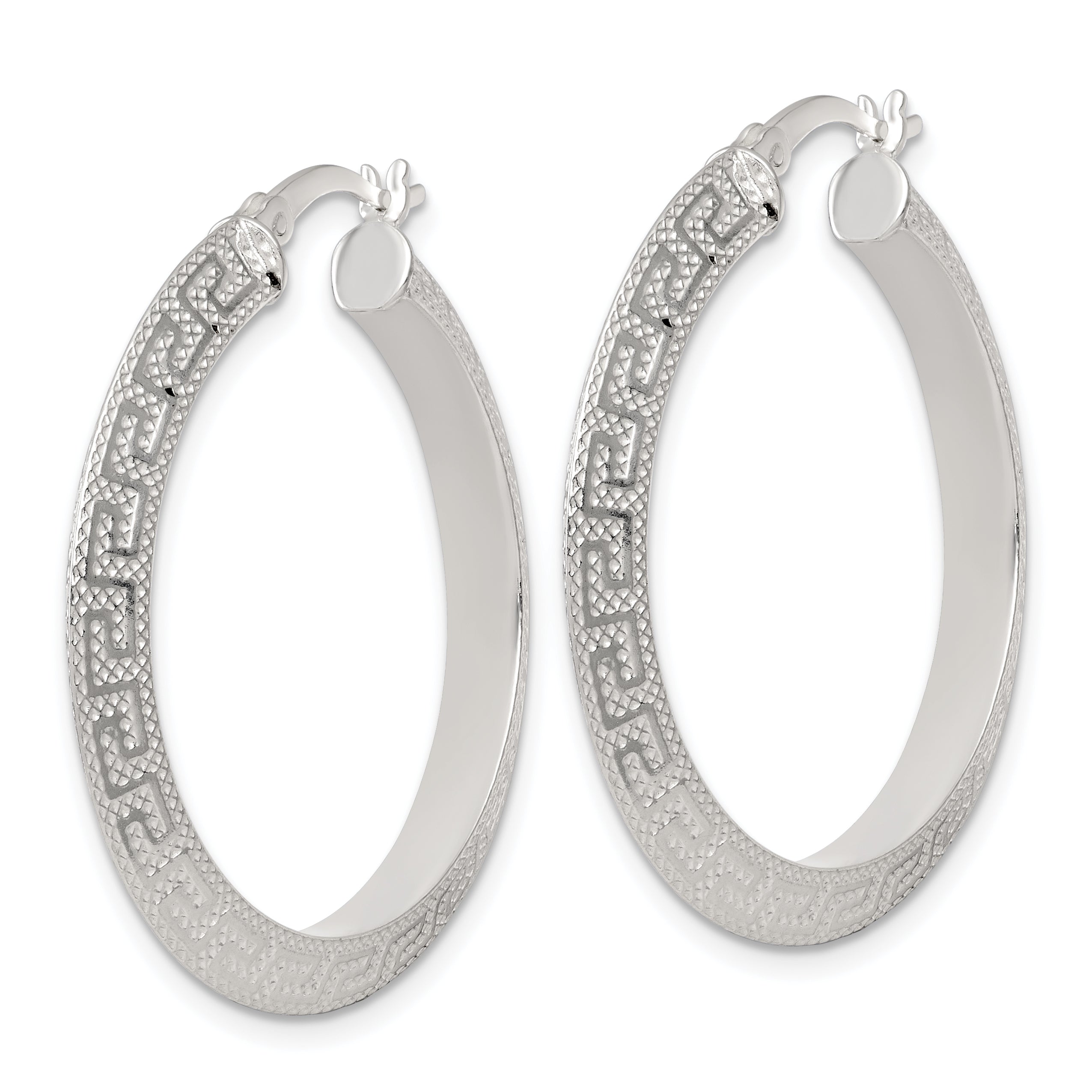 Sterling Silver Textured 35x4.0mm Knife Edge Greek Key Round Hoop Earrings Secondary image