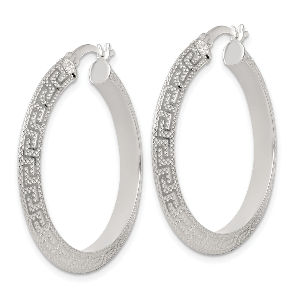 Sterling Silver Textured 35x4.0mm Knife Edge Greek Key Round Hoop Earrings