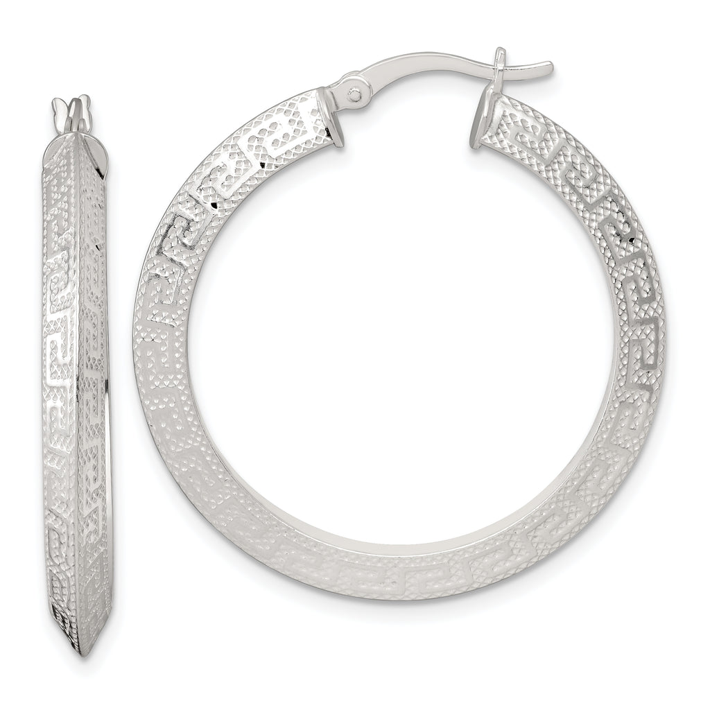 Sterling Silver Textured 35x4.0mm Knife Edge Greek Key Round Hoop Earrings