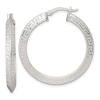 Sterling Silver Textured 35x4.0mm Knife Edge Greek Key Round Hoop Earrings