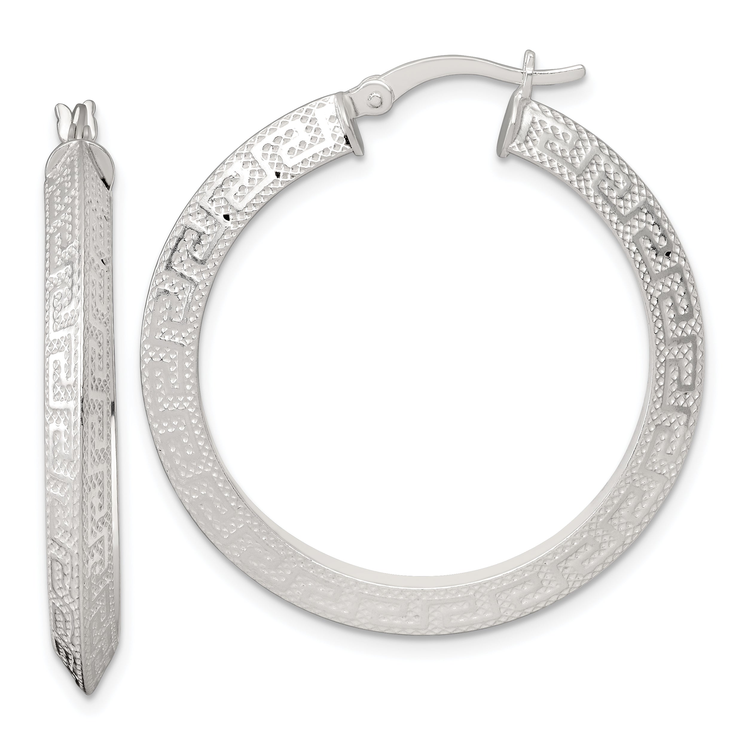 Sterling Silver Textured 35x4.0mm Knife Edge Greek Key Round Hoop Earrings