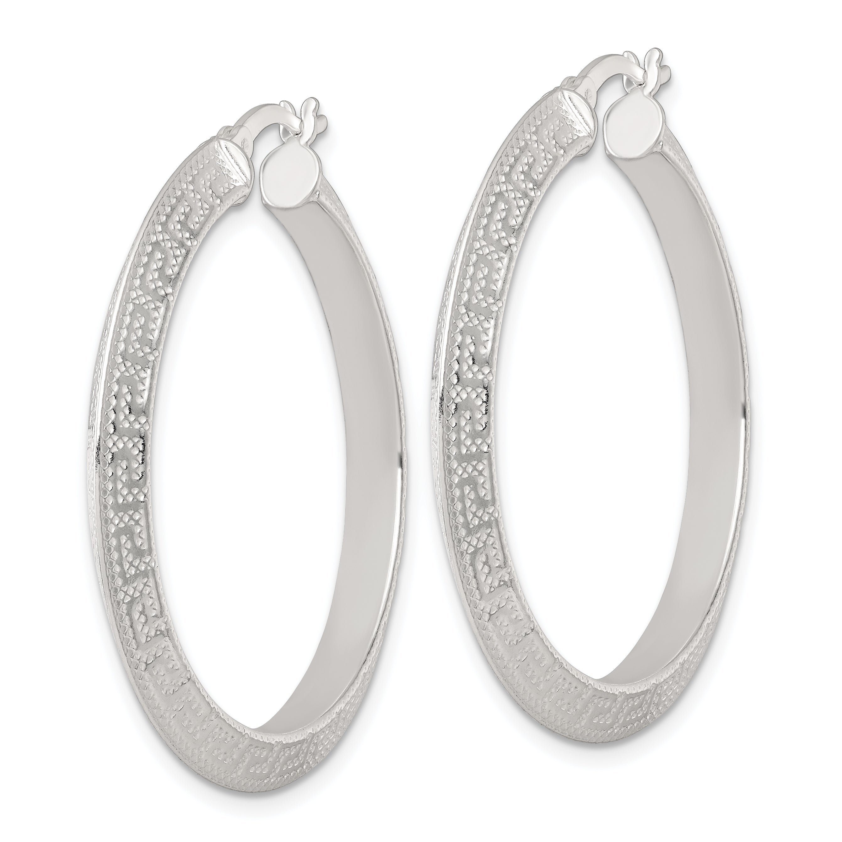 Sterling Silver Textured 40x4.0mm Knife Edge Greek Key Round Hoop Earrings Secondary image