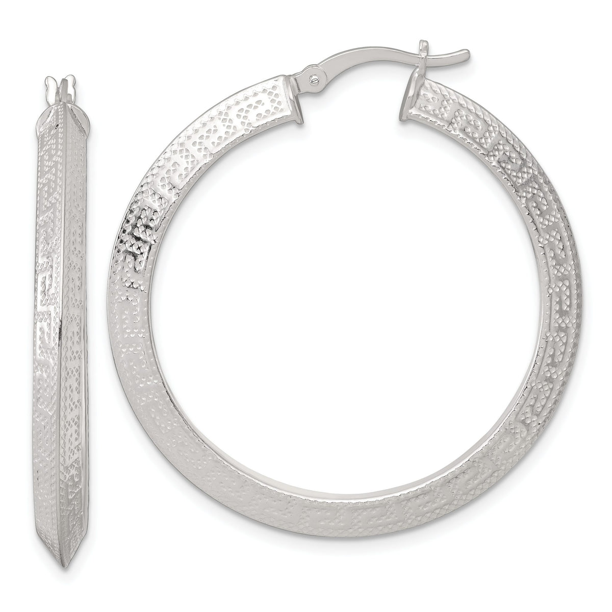 Knife Edge Greek Key Round Hoop Earrings in Sterling Silver, 40mm - Sophia Jewelers Main image