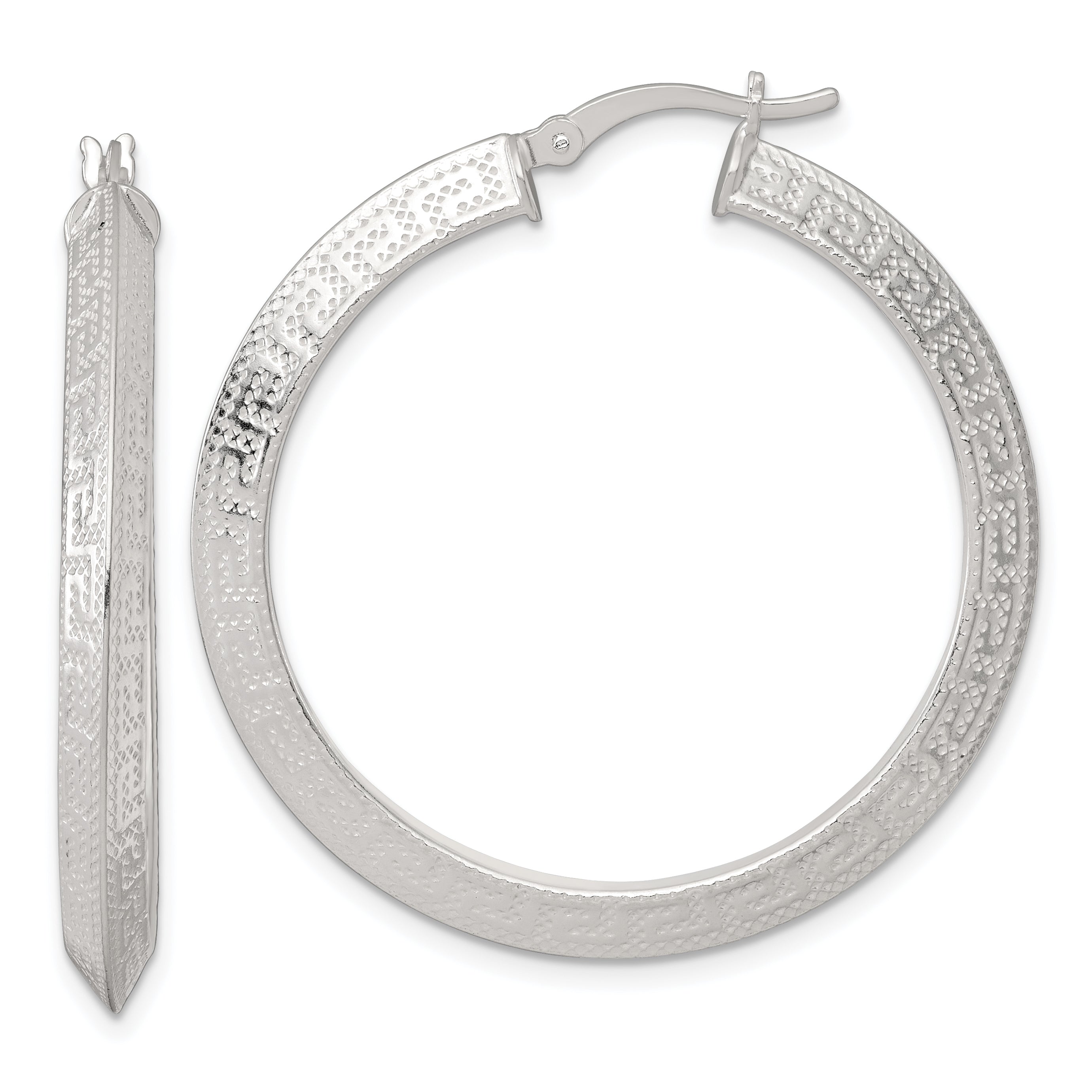 Sterling Silver Textured 40x4.0mm Knife Edge Greek Key Round Hoop Earrings Main image