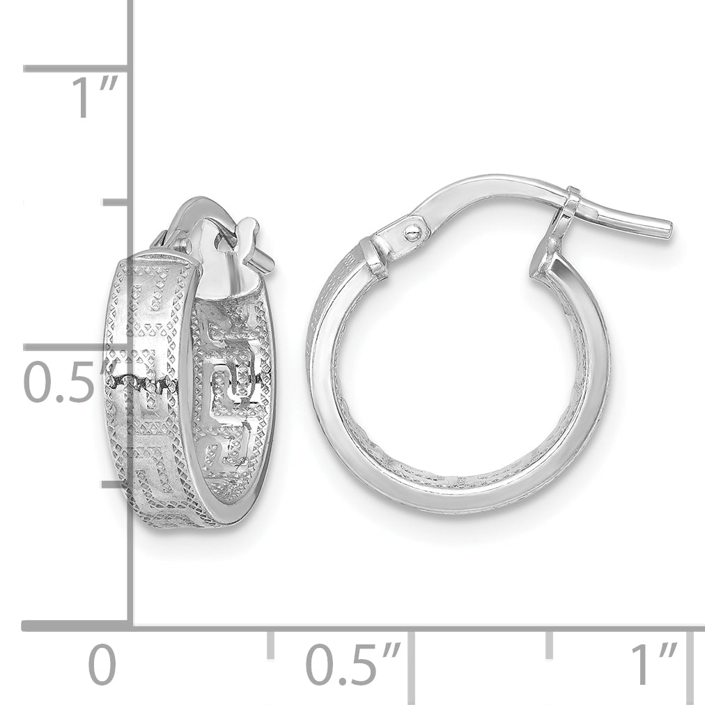 Sterling Silver Rhodium-plated Polished Textured In and Out Greek Key 4.00 x 14mm Hoop Earrings