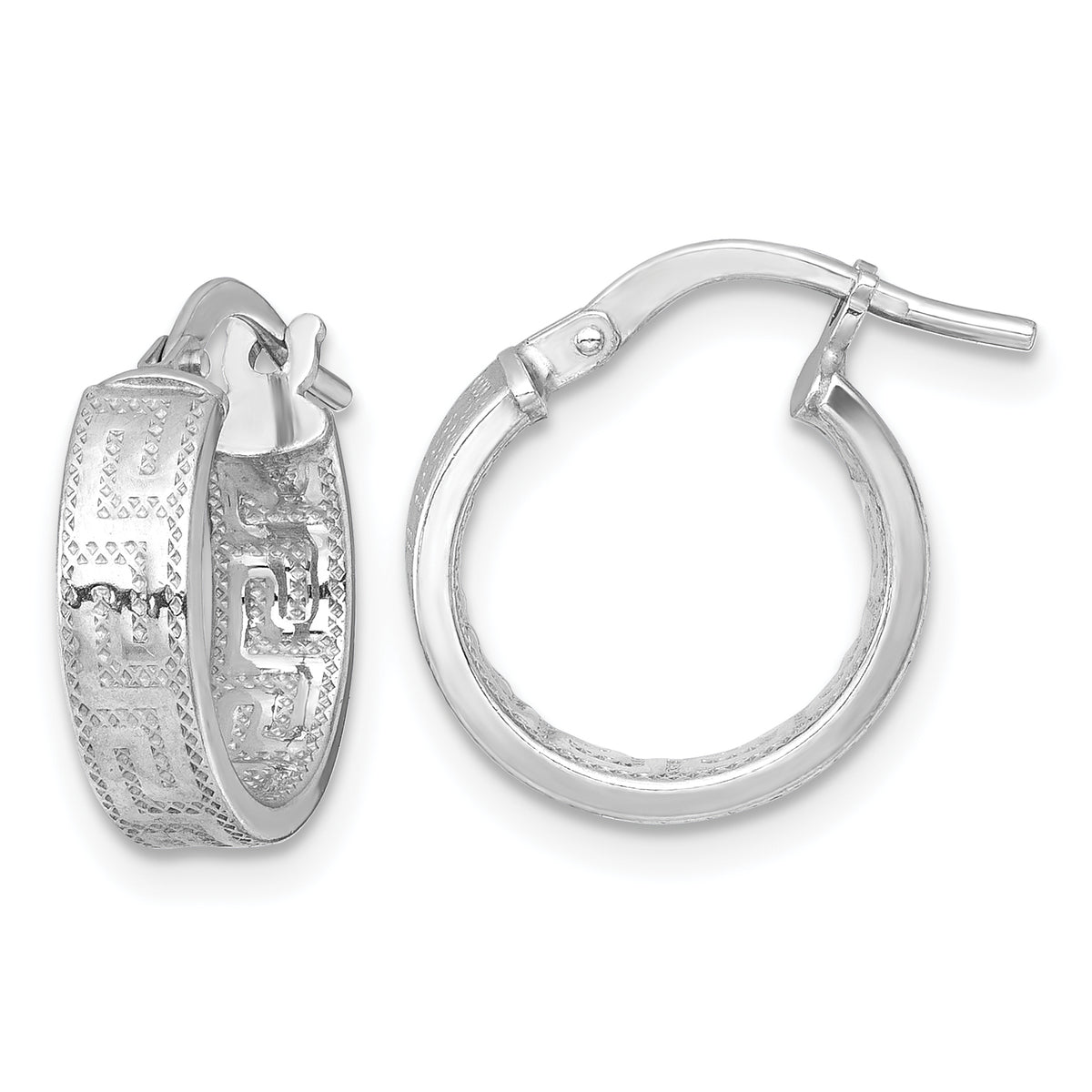 Sterling Silver Rhodium-plated Polished Textured In and Out Greek Key 4.00 x 14mm Hoop Earrings