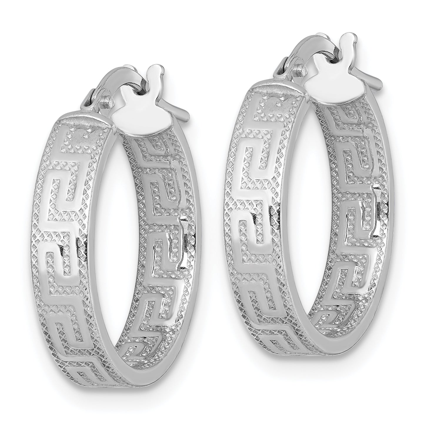 Sterling Silver Rhodium-plated Polished Textured In and Out Greek Key 4.00 x 18mm Hoop Earrings Secondary image