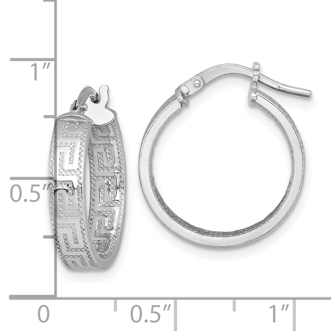 Sterling Silver Rhodium-plated Polished Textured In and Out Greek Key 4.00 x 18mm Hoop Earrings