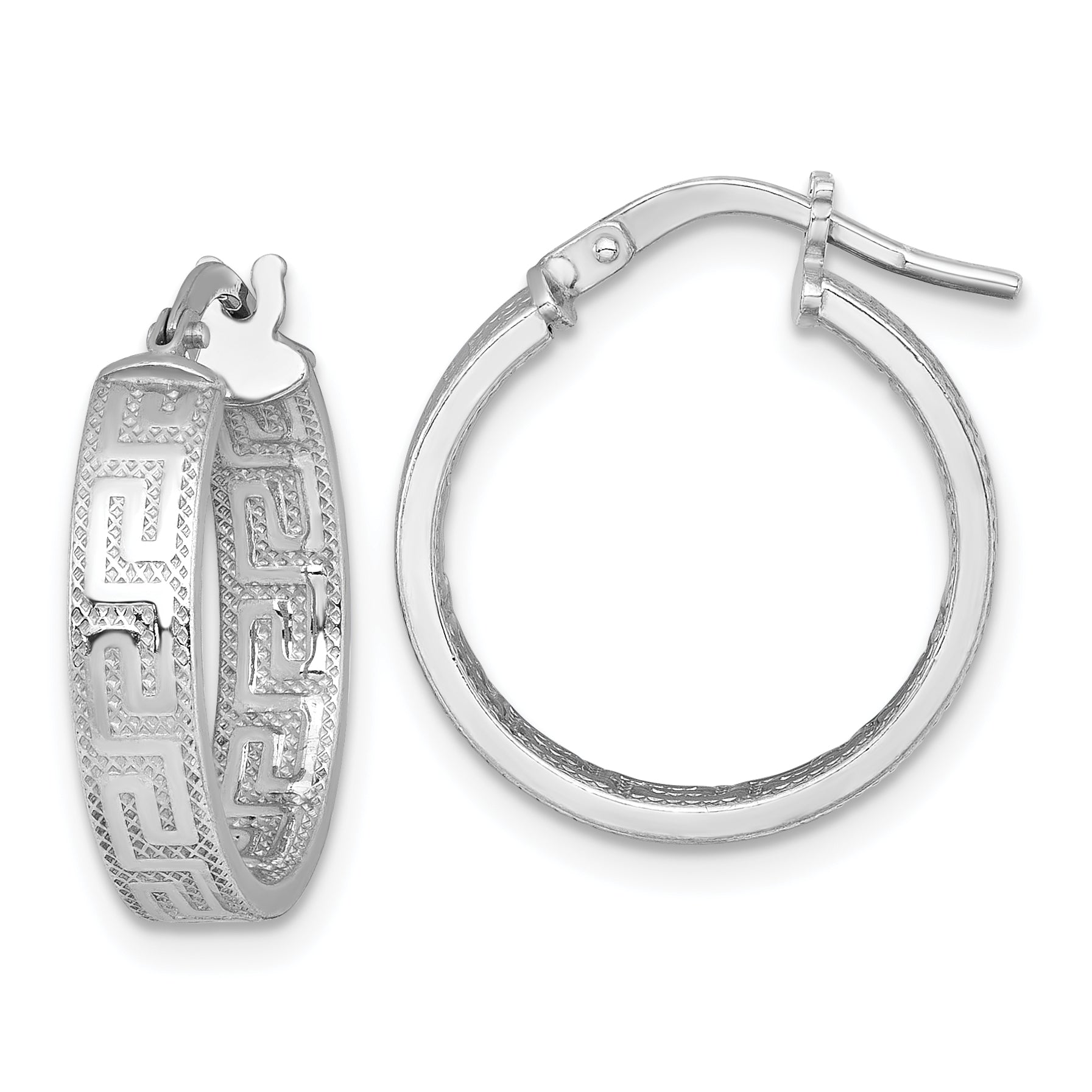 Sterling Silver Rhodium-plated Polished Textured In and Out Greek Key 4.00 x 18mm Hoop Earrings