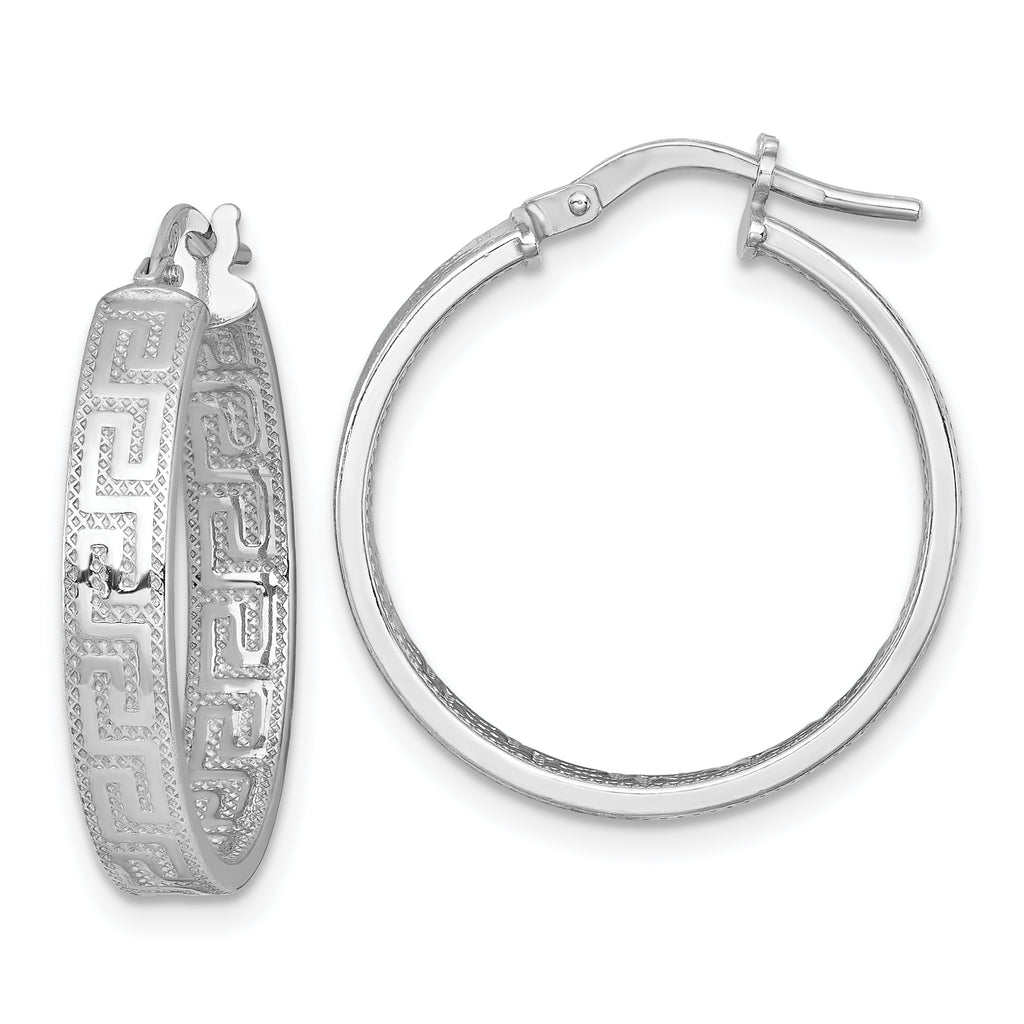 Sterling Silver Rhodium-plated Polished Textured In and Out Greek Key 4.00 x 23mm Hoop Earrings
