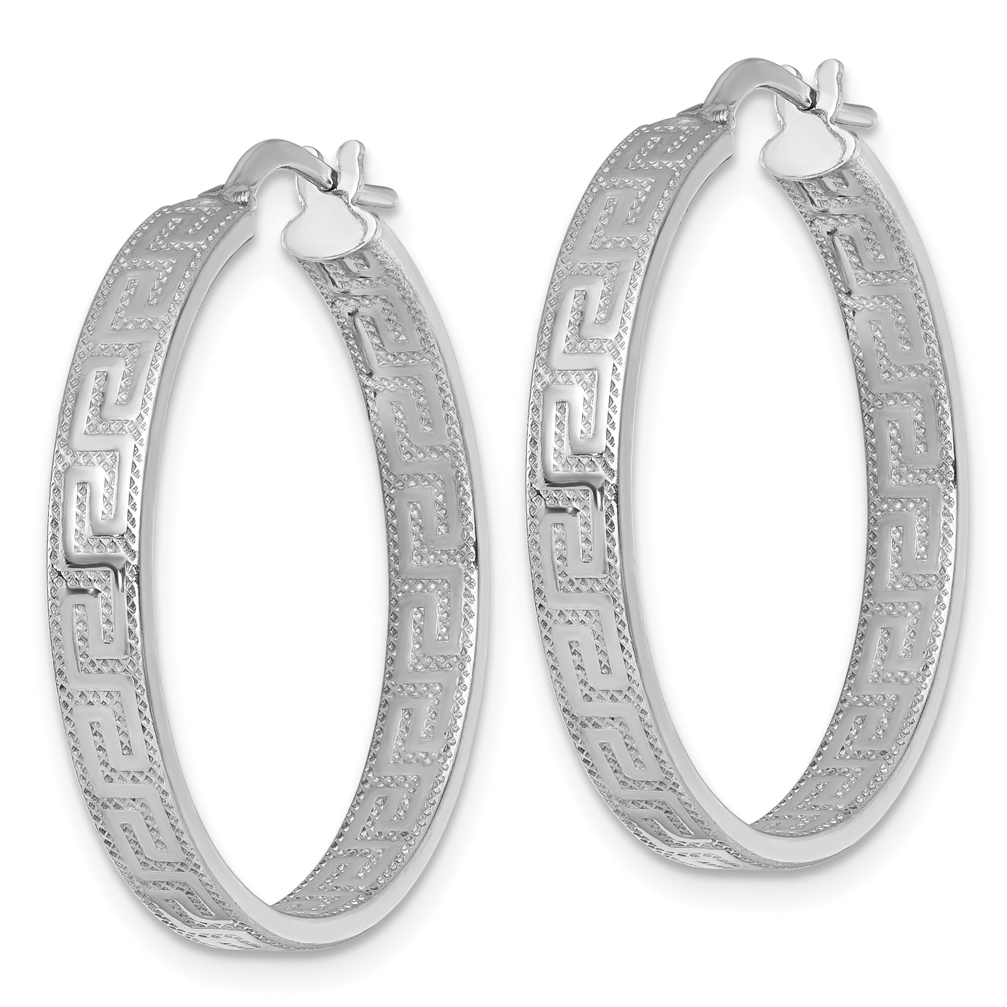 Sterling Silver Rhodium-plated Polished Textured In and Out Greek Key 4.00 x 29mm Hoop Earrings Secondary image