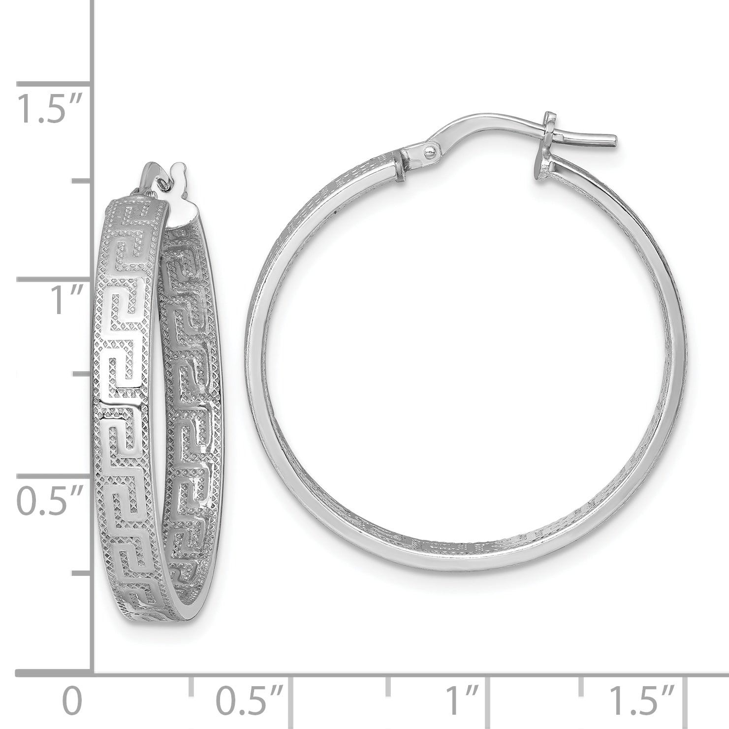 Sterling Silver Rhodium-plated Polished Textured In and Out Greek Key 4.00 x 29mm Hoop Earrings