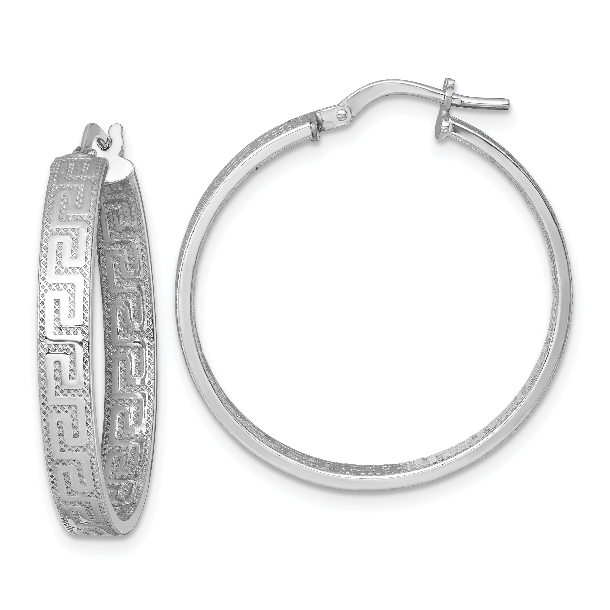 Sterling Silver Rhodium-plated Polished Textured In and Out Greek Key 4.00 x 29mm Hoop Earrings Main image