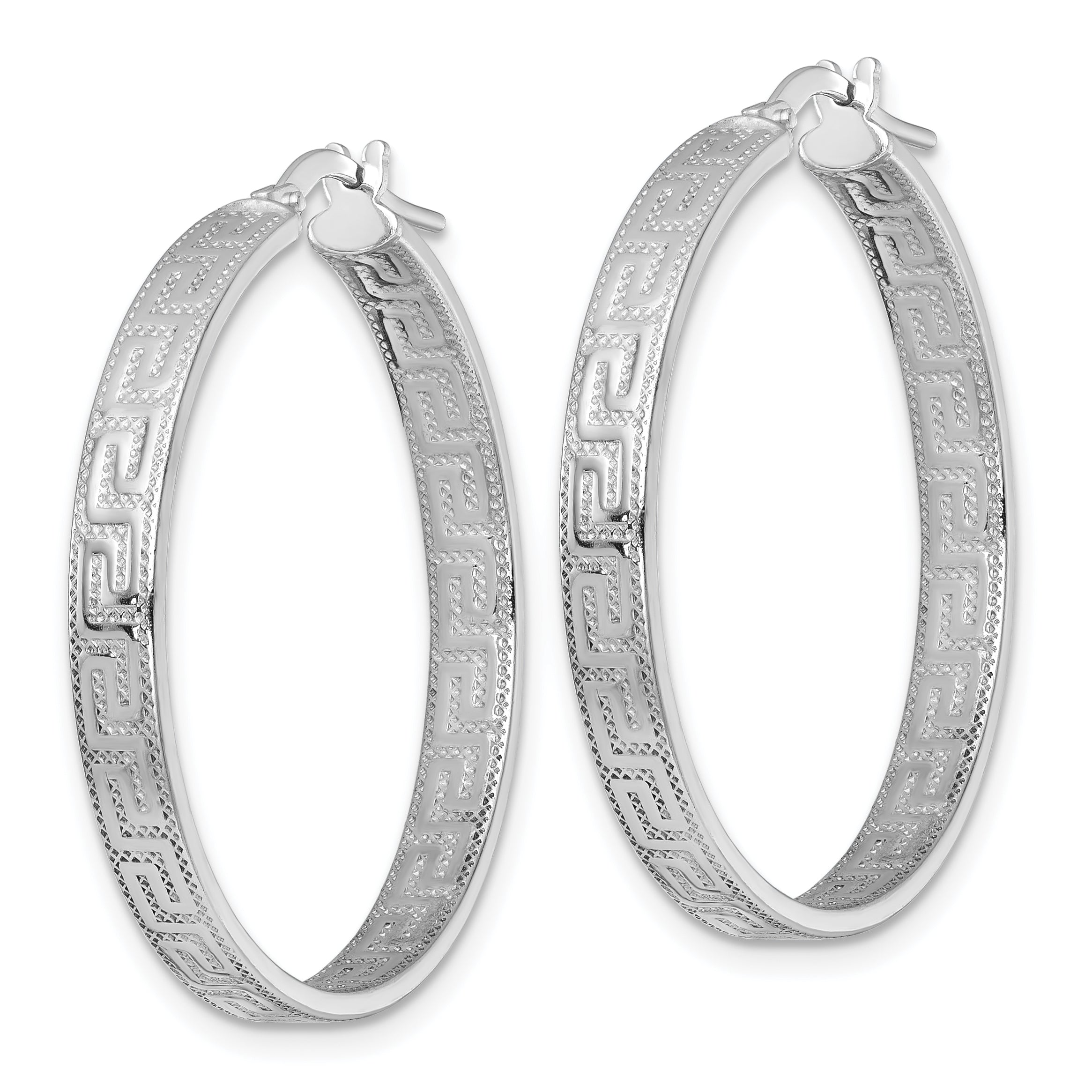 Sterling Silver Rhodium-plated Polished Textured In and Out Greek Key 4.00 x 33mm Hoop Earrings Secondary image