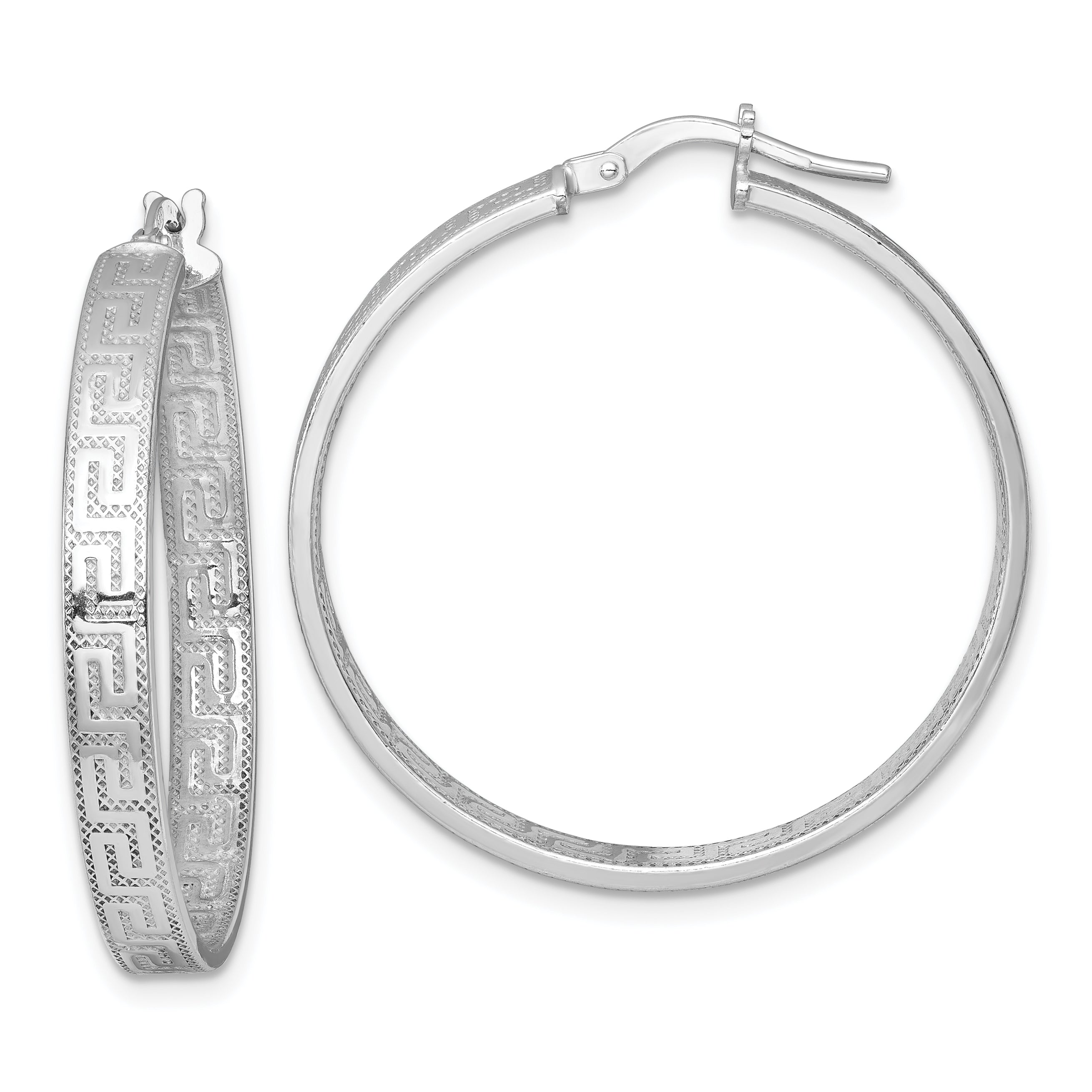 Sterling Silver Rhodium-plated Polished Textured In and Out Greek Key 4.00 x 33mm Hoop Earrings Main image