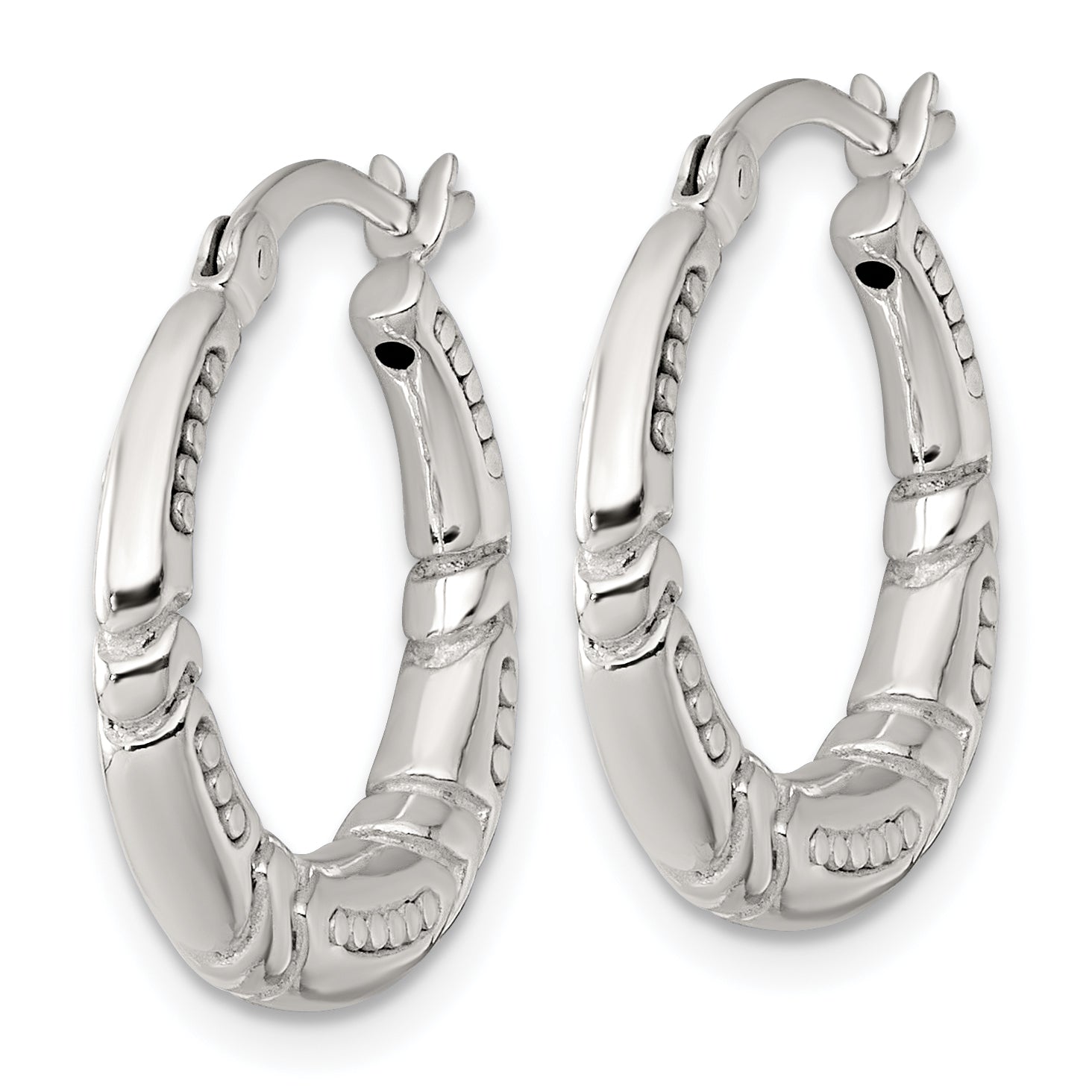 Sterling Silver Polished Beaded and Grooved Round Hollow Hoop Earrings Secondary image