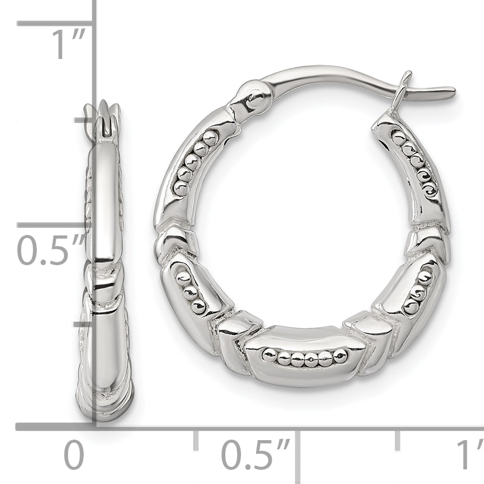 Sterling Silver Polished Beaded and Grooved Round Hollow Hoop Earrings