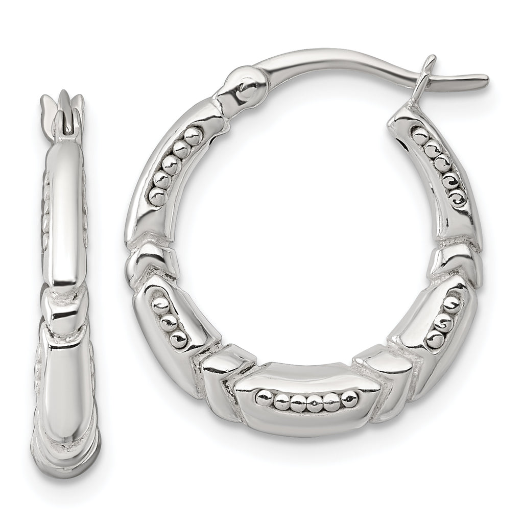 Sterling Silver Polished Beaded and Grooved Round Hollow Hoop Earrings