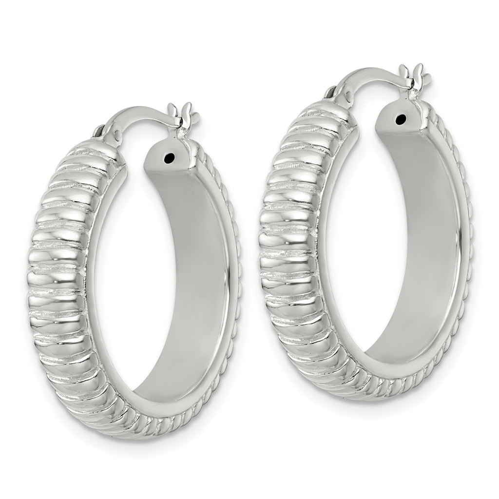 Sterling Silver Polished and Grooved 26x6mm Round Hollow Hoop Earrings