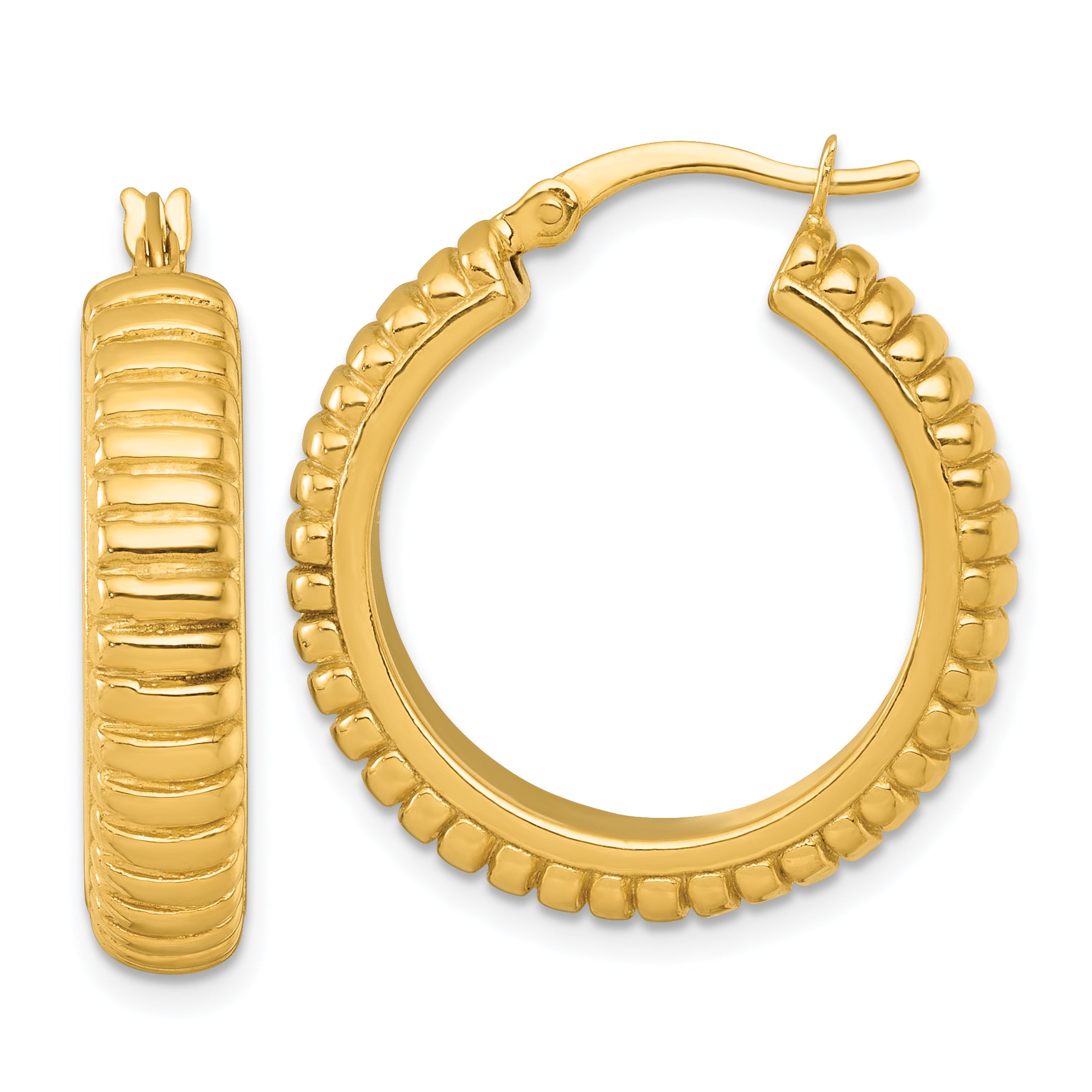 Sterling Silver Gold-tone Polished and Grooved 26x6mm Round Hollow Hoop Earrings
