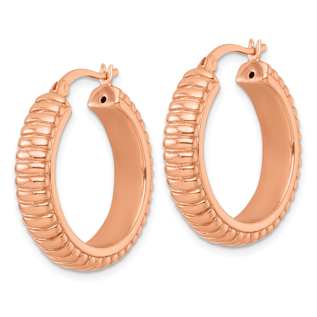 Sterling Silver Rose-tone Polished and Grooved 26x6mm Round Hollow Hoop Earrings