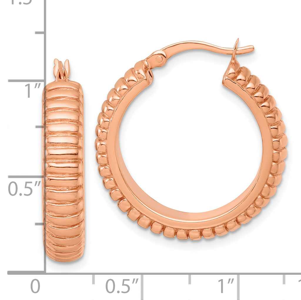Sterling Silver Rose-tone Polished and Grooved 26x6mm Round Hollow Hoop Earrings