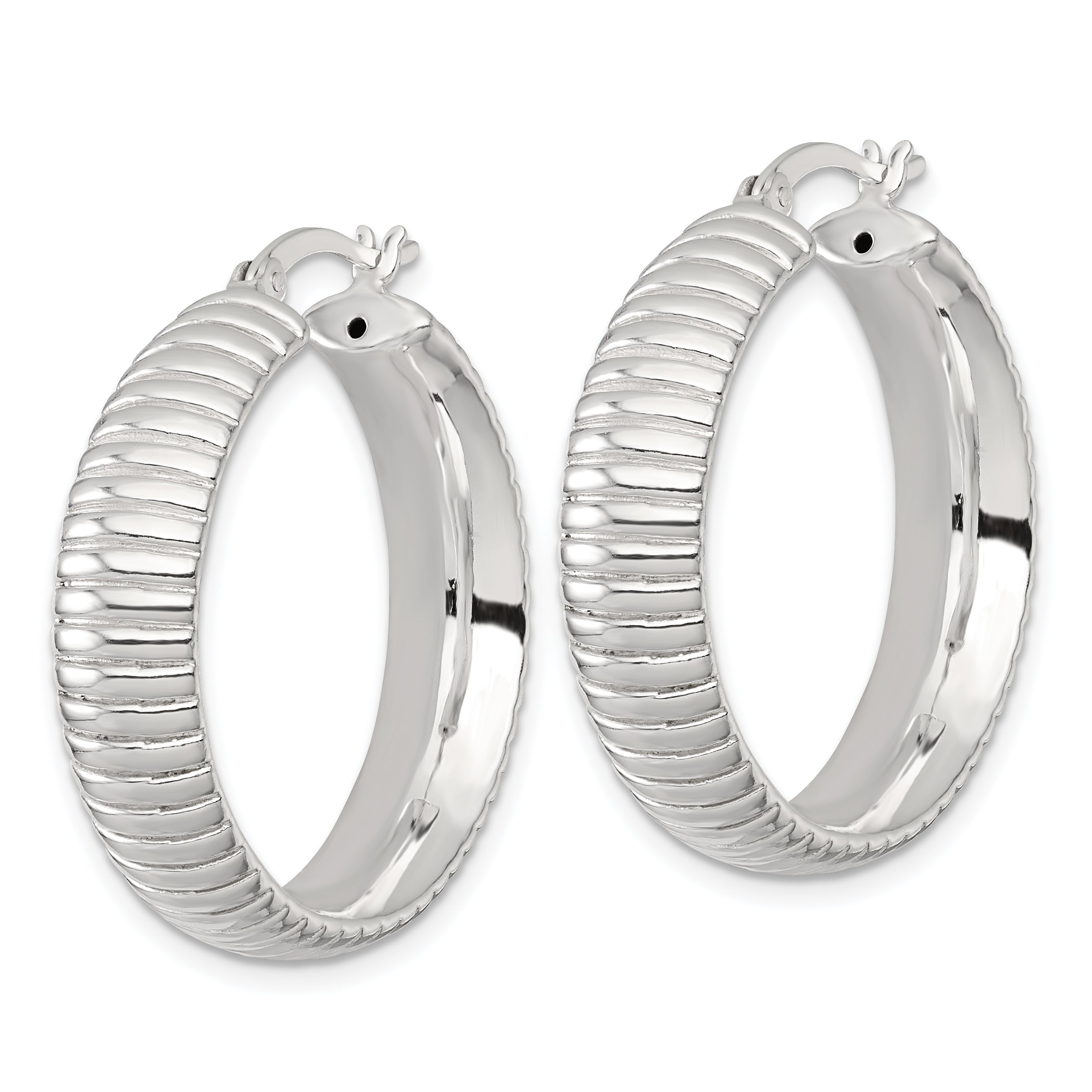 Sterling Silver Polished and Grooved 32x7.5mm Round Hollow Hoop Earrings