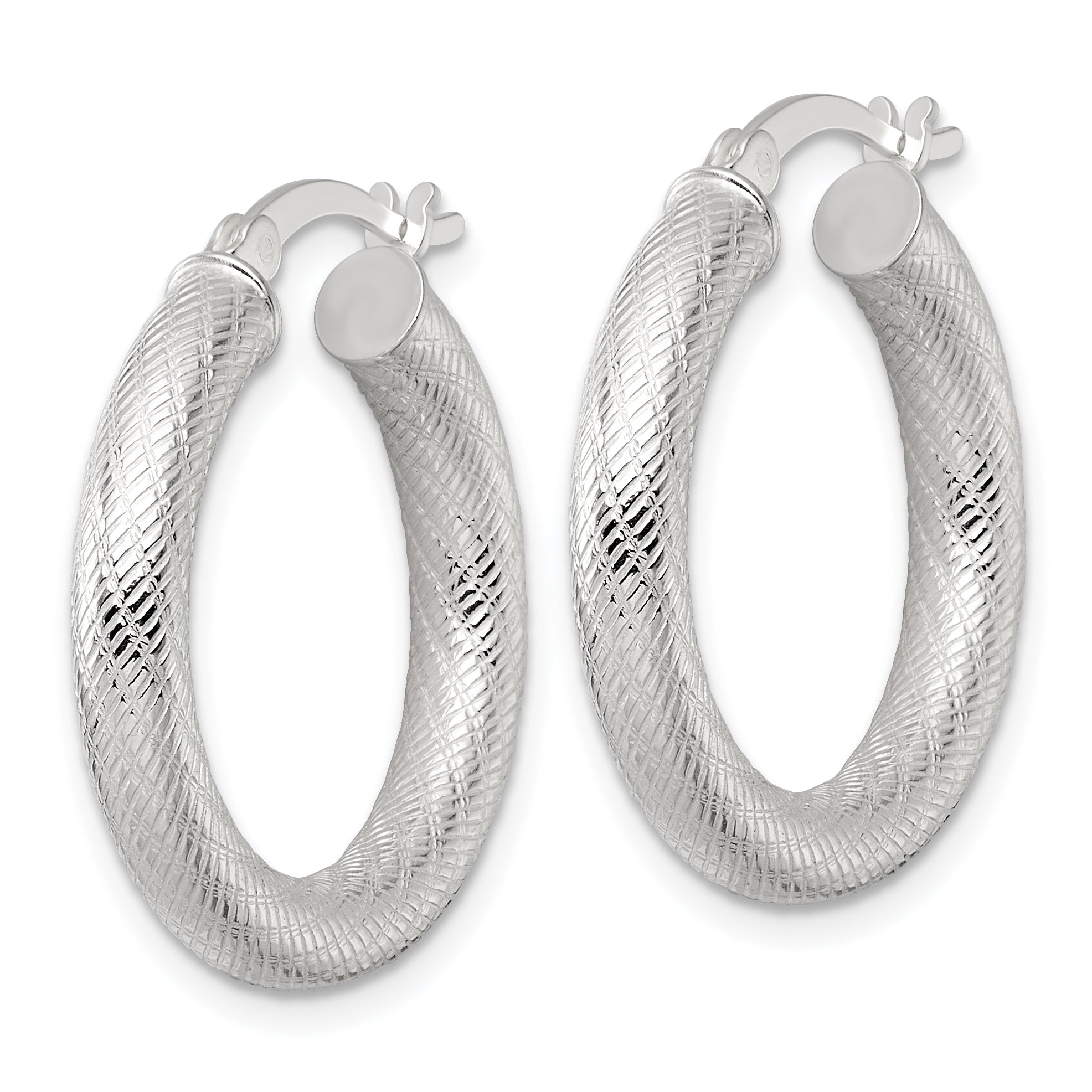 Sterling Silver Polished and Textured 25x4.0mm Round Hoop Earrings Secondary image