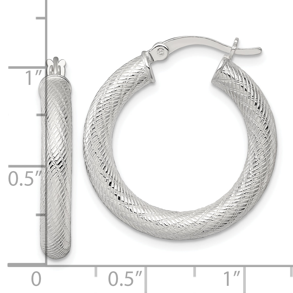 Sterling Silver Polished and Textured 25x4.0mm Round Hoop Earrings