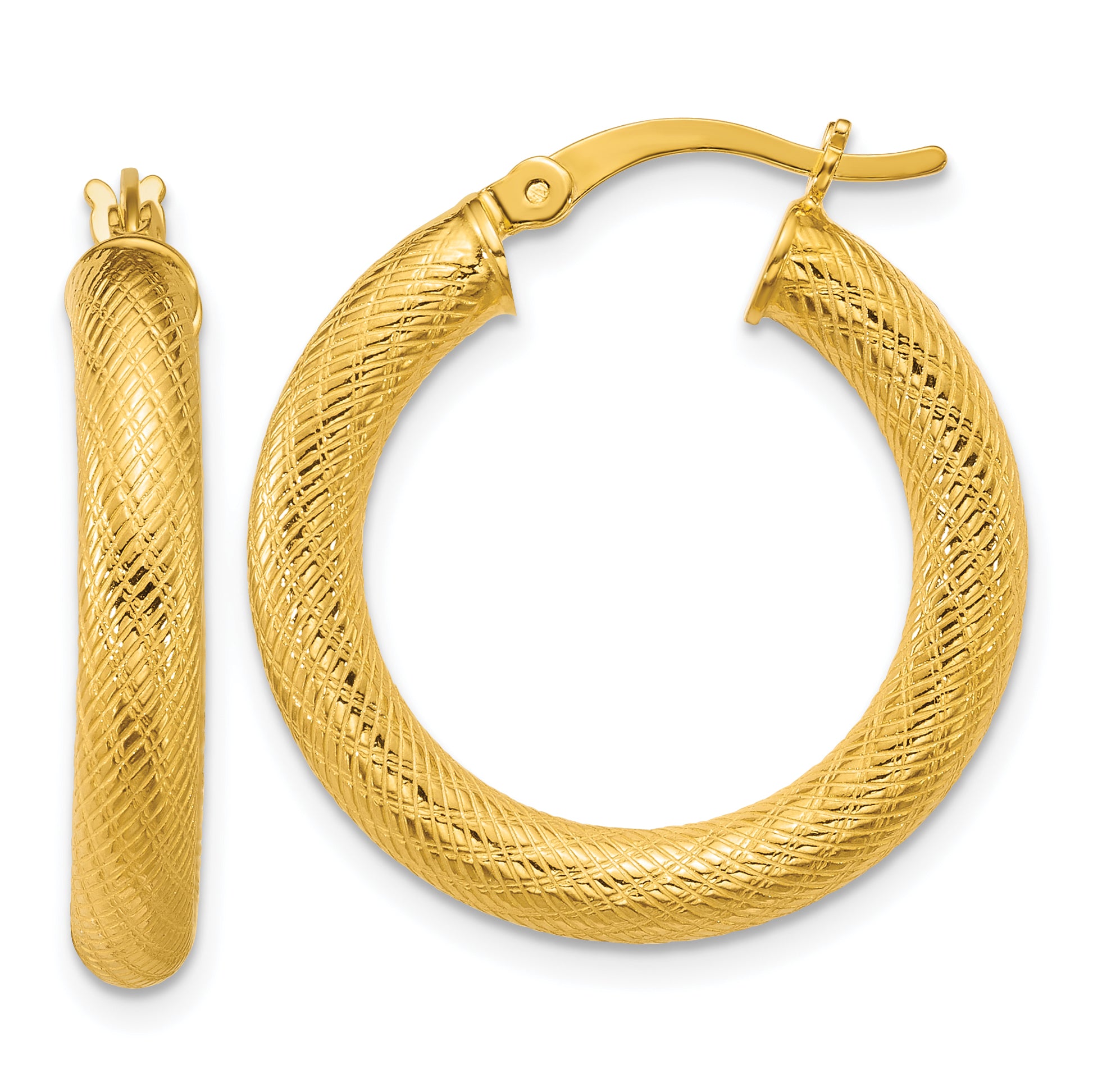 Sterling Silver Gold-tone Polished and Textured 25x4.0mm Round Hoop Earrings Main image