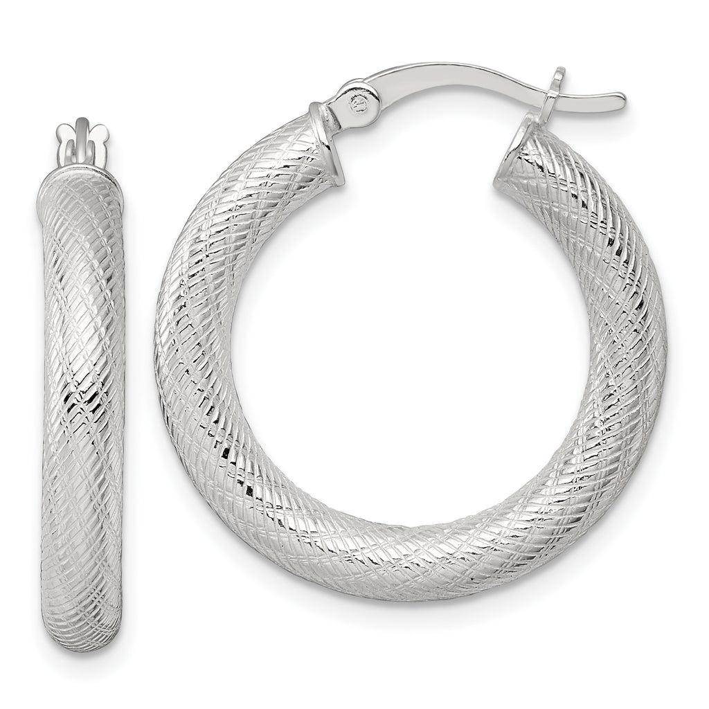 Sterling Silver Polished and Textured 25x4.0mm Round Hoop Earrings