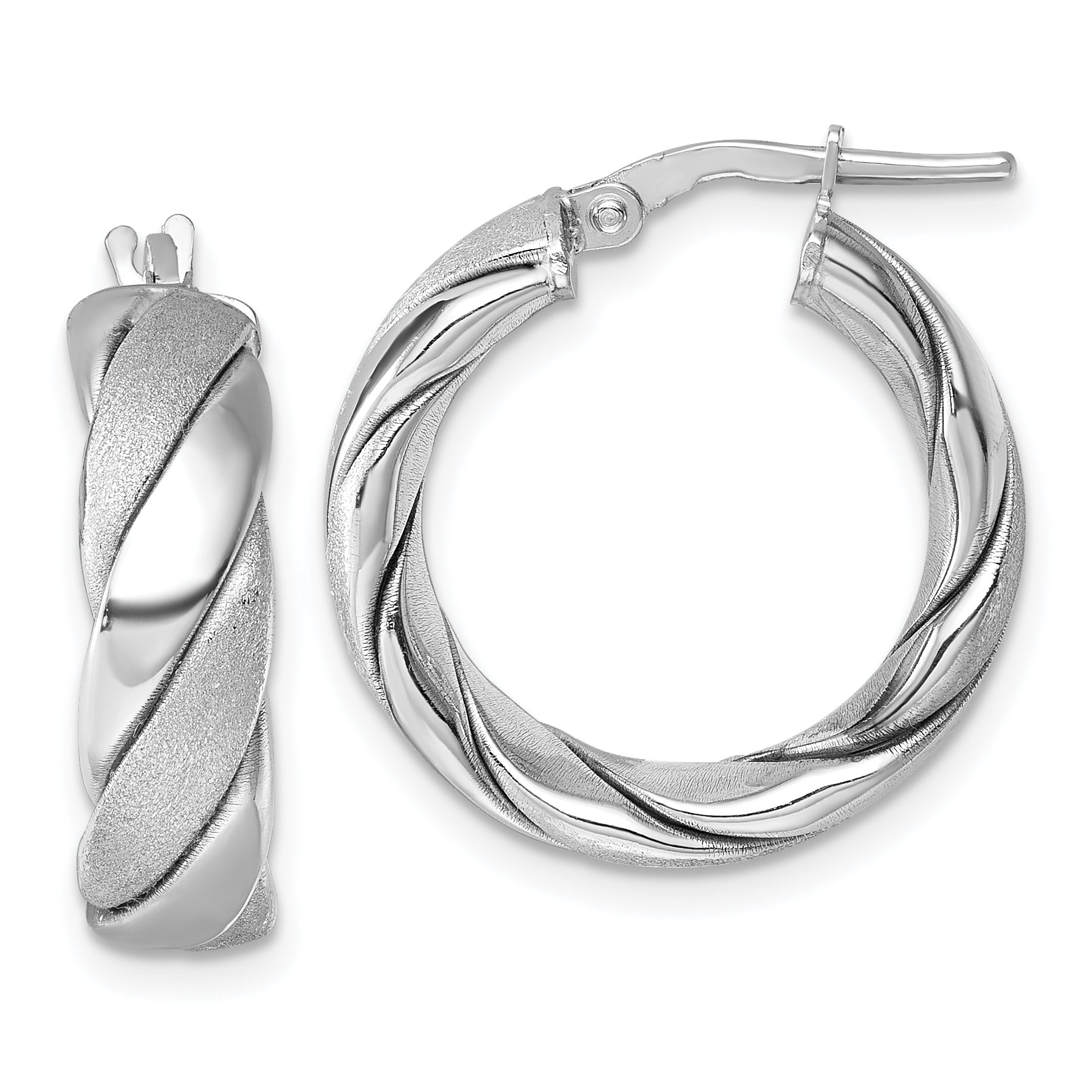Sterling Silver Rhodium-plated Polished and Scratch Finish 6.0 x 21mm Twisted Round Tube Hoop Earrings Main image