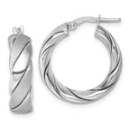 Sterling Silver Rhodium-plated Polished and Scratch Finish 6.0 x 21mm Twisted Round Tube Hoop Earrings