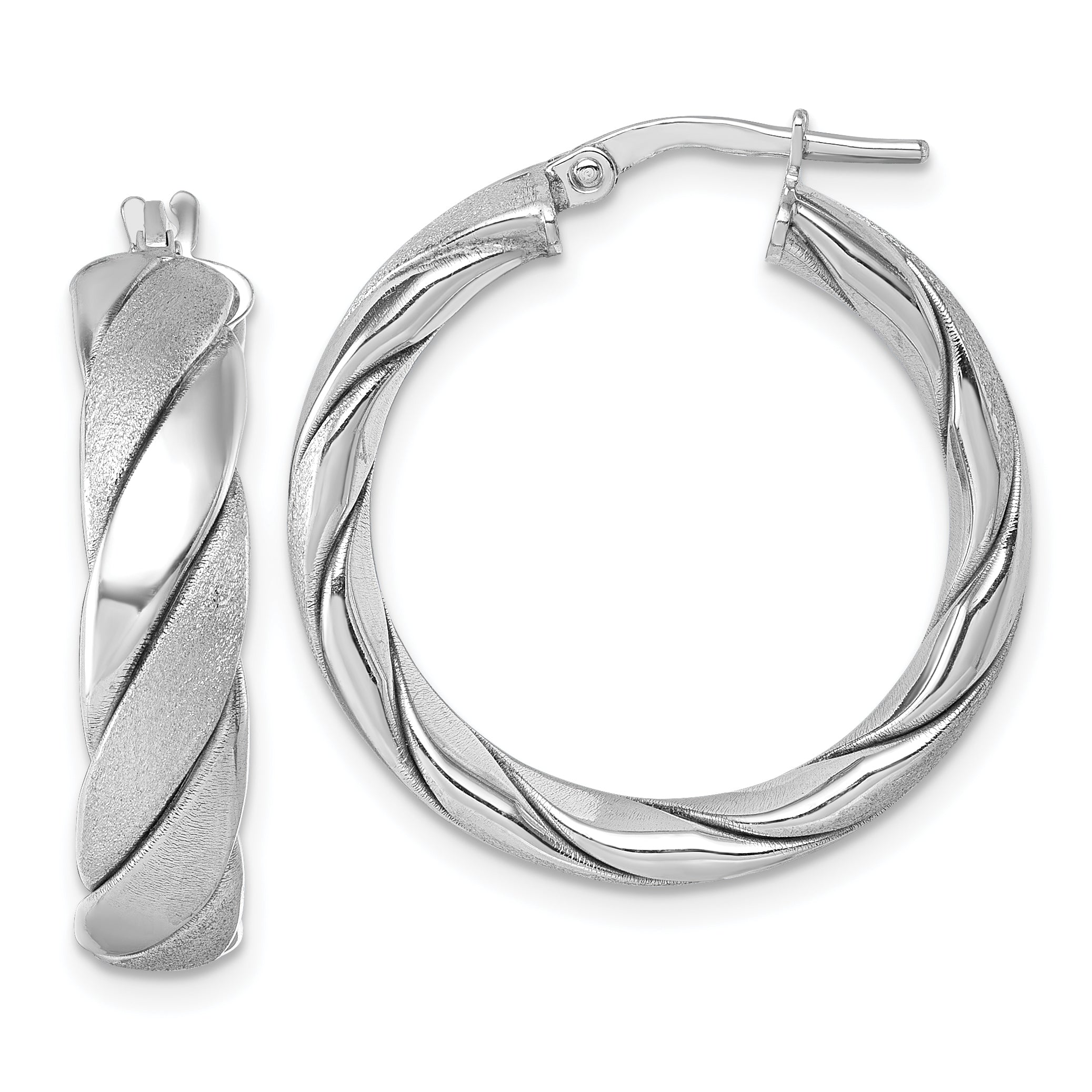 Sterling Silver Rhodium-plated Polished and Scratch Finish 6.0 x 26mm Twisted Round Tube Hoop Earrings Main image
