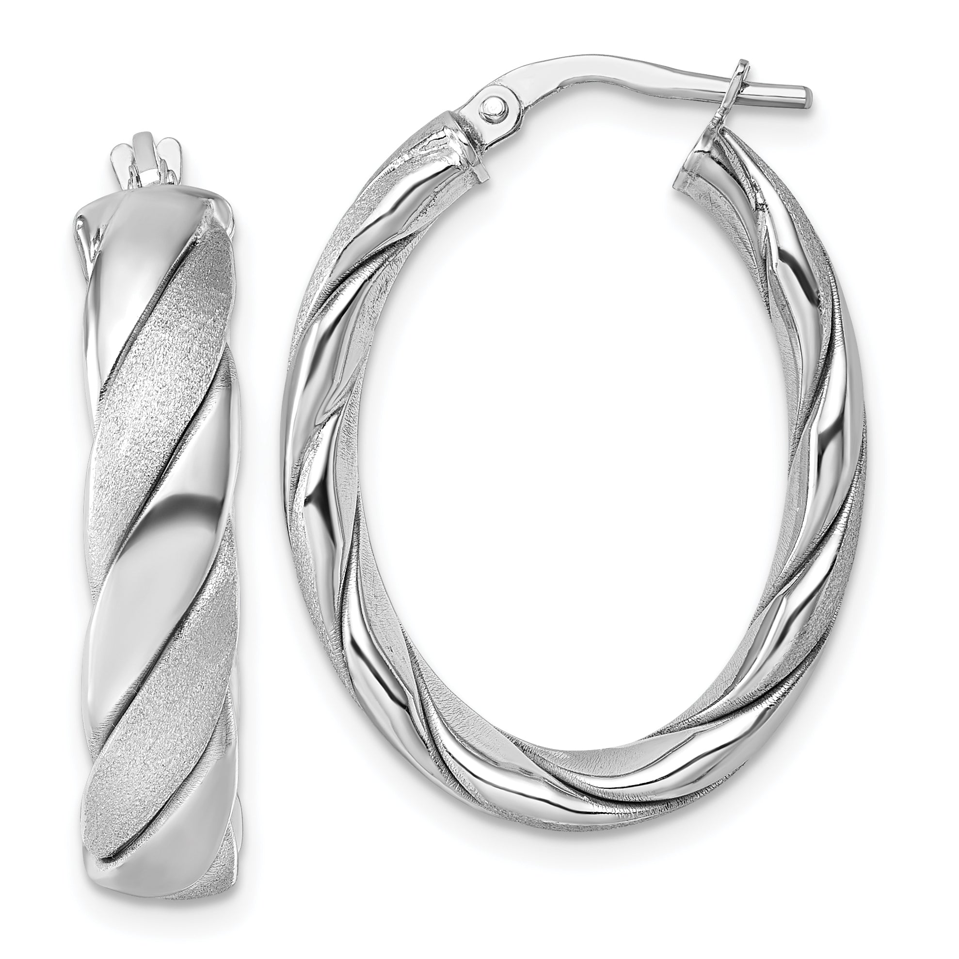 Sterling Silver Rhodium-plated Polished and Scratch Finish 6.00mm Twisted Oval Tube Hoop Earrings