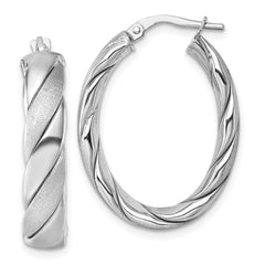 Sterling Silver Rhodium-plated Polished and Scratch Finish 6.00mm Twisted Oval Tube Hoop Earrings